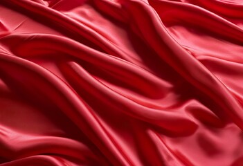 Obraz premium Closeup of rich red satin fabric, elegantly draped, showcasing its smooth texture and luxurious sheen. The folds create a sense of depth and movement.