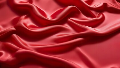 Closeup of rich red satin fabric, elegantly draped, showcasing its smooth texture and luxurious sheen. The folds create a sense of depth and movement.