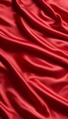 Obraz premium Closeup of rich red satin fabric, elegantly draped, showcasing its smooth texture and luxurious sheen. The folds create a sense of depth and movement.