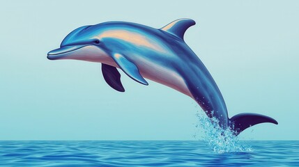 Fototapeta premium Dolphin Leaping Out of Vibrant Blue Ocean Water Under Clear Sky