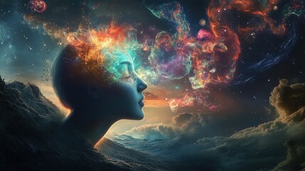 A woman's face emerging from a cosmic nebula, surrounded by stars and clouds