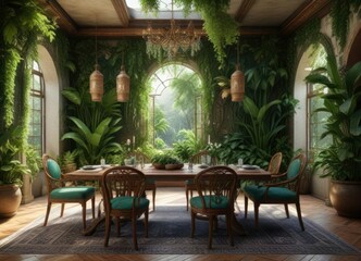 Fototapeta premium Exotic dining space with lush greenery and intricate patterns, exotic decor, wood paneling