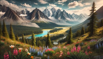 Majestic mountain valley with blooming wildflowers and turquoise lake
