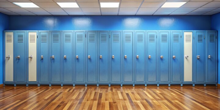 Boring metal lockers against blue-walled high school hallway with small windows and plain wooden floor, school hallways, windows
