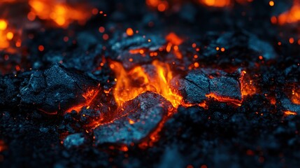 Glowing Embers and Flames Amidst Dark Charcoal
