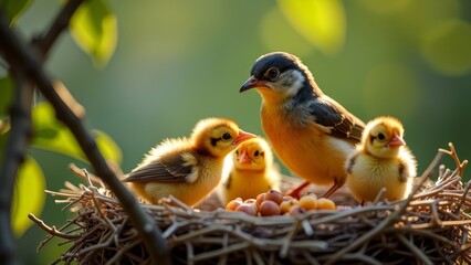 Fototapeta premium A group of baby birds in a nest with their mother