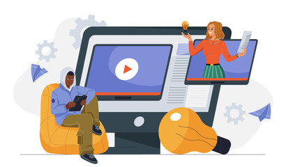 Business project delivery. Man and woman discussing business project on computer screen. Brainstorming and discussion. Collaboration and cooperation. Flat vector illustration