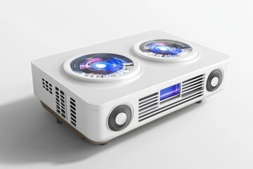 Fototapeta premium Modern Portable Projector with Dual Lenses and Colorful LED Lights on Table Surface