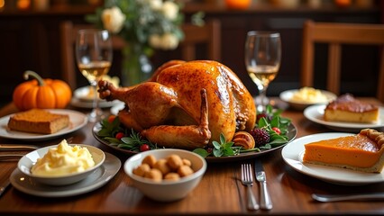 A golden-brown turkey is the centerpiece of a festive table, surrounded by an assortment of delectable dishes and glasses of wine