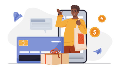 Debit card gift box. Man on smartphone screen near card and gift. Discounts and promotions, special offers for regular customers. Cashback in online store. Flat vector illustration
