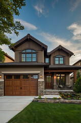Fototapeta premium Luxury Modern Home Exterior: Dream House Design, Elegant Facade, Stone and Wood Details