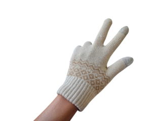 Hand wearing a knitted glove making a three-finger gesture, isolated on white background, transparent PNG, cut out