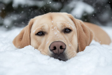 A dog is laying in the snow with its nose in the snow