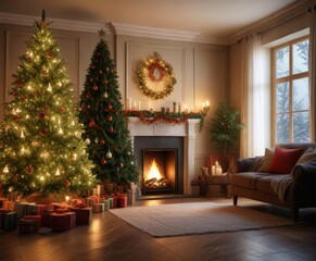 Festive room with a burning fire and a beautifully decorated Christmas tree in the background, christmas tree, festive atmosphere, festive room