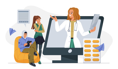 Family doctor online. Woman in medical uniform communicates with boy and girl on computer screen. Healthcare and medicine. Pediatrician and therapist. Flat vector illustration