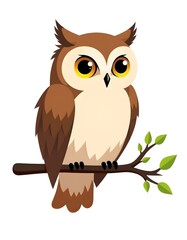 Cute Cartoon Owl Perched on Branch Illustration