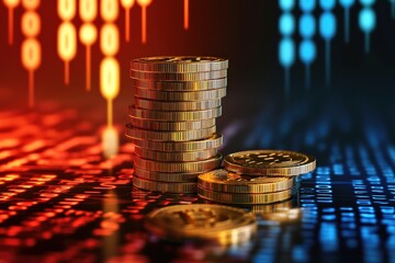 Stacks of golden coins with cryptocurrency data background in vibrant colors
