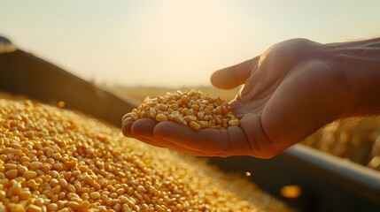 Farmers Hand Holding Golden Corn Kernels at Harvest