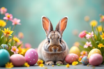 Obraz premium A cute bunny with fluffy fur and long ears, surrounded by colorful eggs and flowers