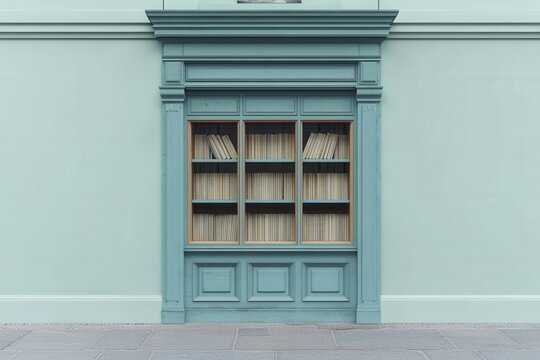 Elegant Blue Bookcase Display on Minimalist Wall with Soft Color Palette