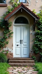 Fototapeta premium A charming white door with a rustic red roof and a stone pathway leading to it