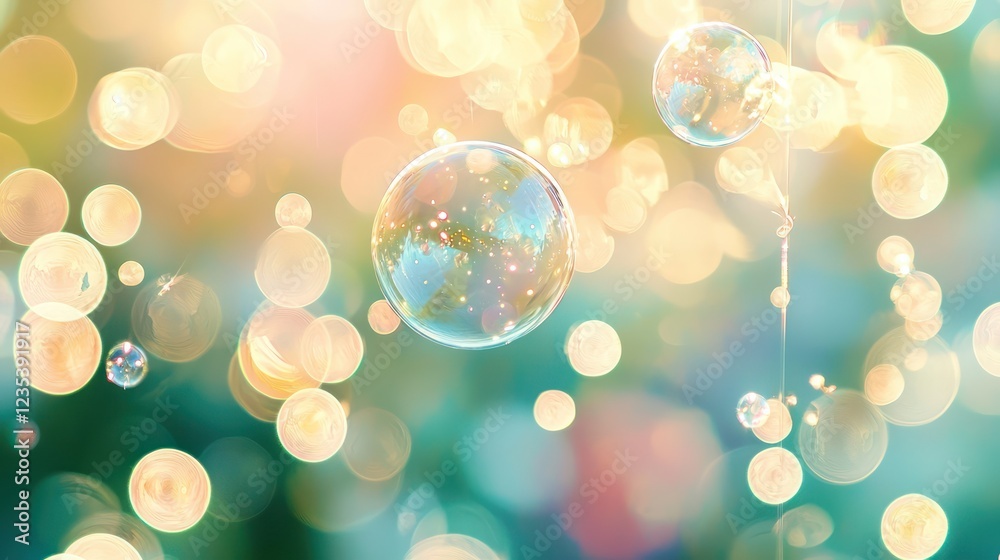 Sticker pastel bubbles floating on soft-hued abstract backgrounds.