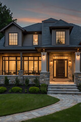 Fototapeta premium Luxury Home Exterior at Dusk: Modern Architectural Design, Stone Facade, Landscaped Garden