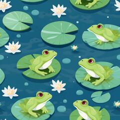 A pattern of frogs sitting on lily pads