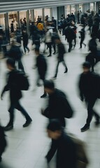 Obraz premium Blurred crowd walking in busy urban transit station, commuting concept