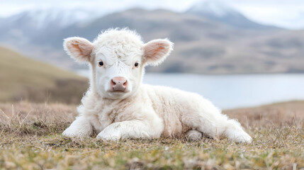 White calf resting in grassy field, mountains background