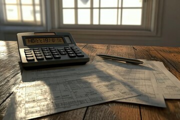 Calculator, documents and pen on wooden table with sunlight filtering through window