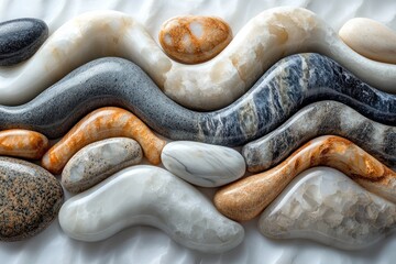 Organic pebble shapes in muted tones arranged in a natural flow