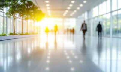 Fototapeta premium Blurred people walking in bright modern office hallway with trees and sunlight