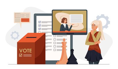 Political analyst woman. Girl watches speech of political candidate near ballot box. Specialist evaluates political institutions. Democracy and freedom of speech and choice. Flat vector illustration