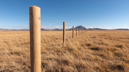Fototapeta premium Wooden fence posts stretch across a dry grassy field under a clear blue sky in a rural landscape.