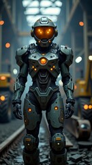 A futuristic space suit with a helmet and visor, designed for extraterrestrial exploration