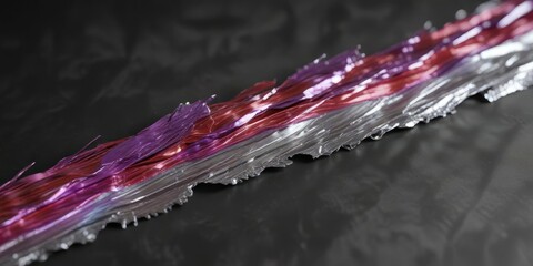 Frayed crumpled aluminum strip with exposed threads and fraying ends, rusted string, torn fabric, frayed metal