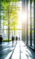 Business people walking in modern office atrium with trees and sunlight