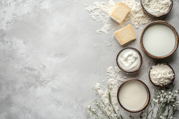 Assorted Dairy Products on Textured Neutral Background