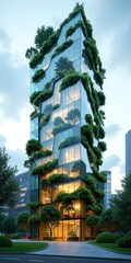 A futuristic, eco-friendly skyscraper with lush greenery and a modern design