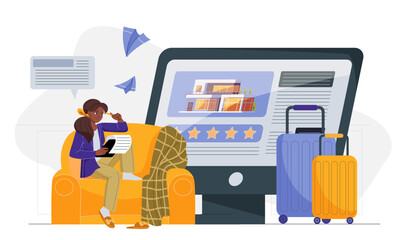 Room reservation online. Young girl with smartphone choose apartment to booking. Mobile application for travelers and tourists. Tourist prepare to trip. Flat vector illustration