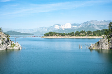 Scenic view of Karacaoren dam , barrage ( Karacaoren Baraj Golu )  from Karadag with Beautiful mountainous scenery with lots of nature, Burdur, Turkey