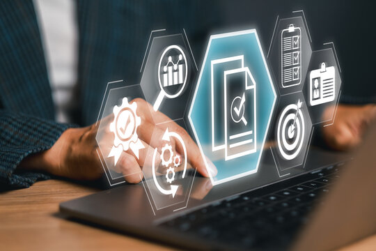 Futuristic digital audit interface on a laptop screen, symbolizing modern business and financial analysis.