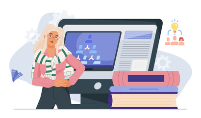 Sociologist online concept. Woman near stack of books and computer monitor. Young girl studying society. Person studying gender infographics and focus group. Flat vector illustration