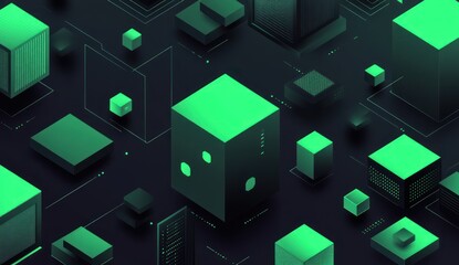 Abstract isometric green cubes and lines on dark background.