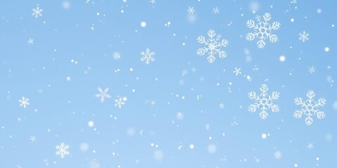 Fototapeta premium Frosty snowflakes falling gently from the sky against a clear blue background, gentle fall, calm weather
