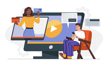 Students watching online lecture. Man looking at woman on screen. Remote education and learning, training. Distant college or university lessons. Flat vector illustration