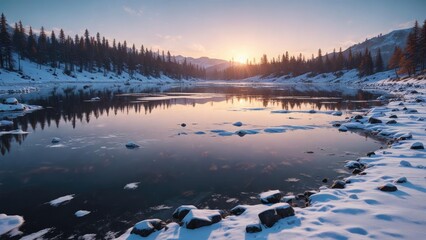 Frozen lake with black ice and white snow in winter, icy surface, frozen waterbody