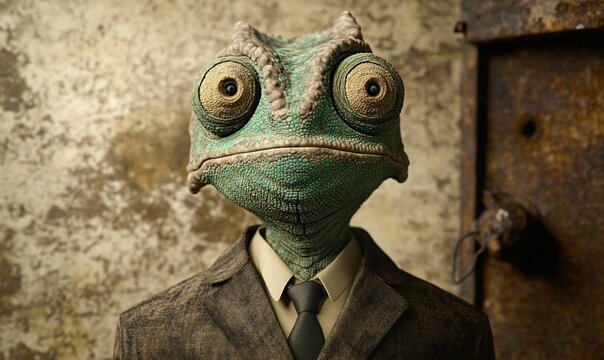 Chameleon in suit, grungy backdrop, rusty door, mysterious vibe, ideal for surreal concepts
