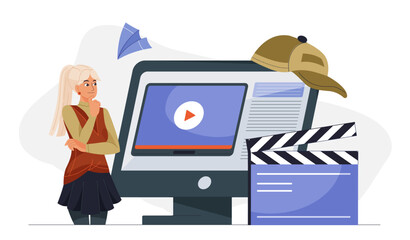 Video design concept. Woman near computer and clapperboard. Video editing on internet. Freelancer and remote worker. Filmmaking, movies and series production. Flat vector illustration